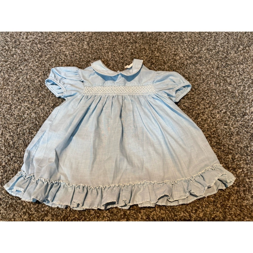 Vintage Her Majesty Girls Light Blue Smocked Peter Pan Collar Dress Size T-4 USA